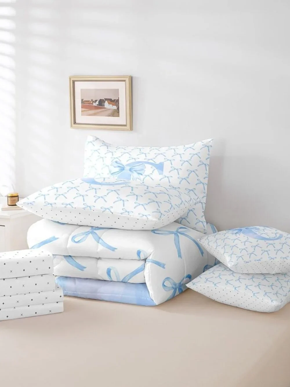 7 Pcs Cartoon Bowknot Kids Comforter Queen Size,Blue Bow Tie Letter C Knot Princ